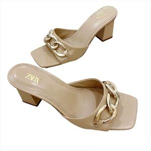 ZARA Chain Trim Detail Goat Leather Heel Sandal Mules Nude Size 38 Blogger Fav